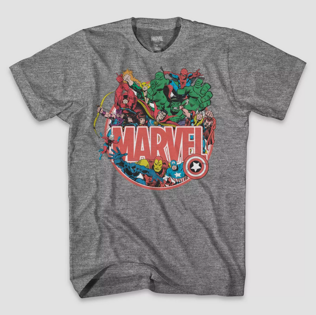 Marvel Comics Heroes Characters T-Shirt Graphic Tee Heather Grey Avengers Daredevil Iron Fist Retro Classic